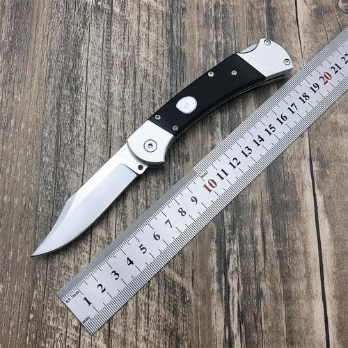 HUAAO Manually Operated Button-Lock Knife Folding Knife 440C Stainless Steel Blade, Back lock G10 Handle with Leather Sheath, EDC Pocket Knives for Men (Black)