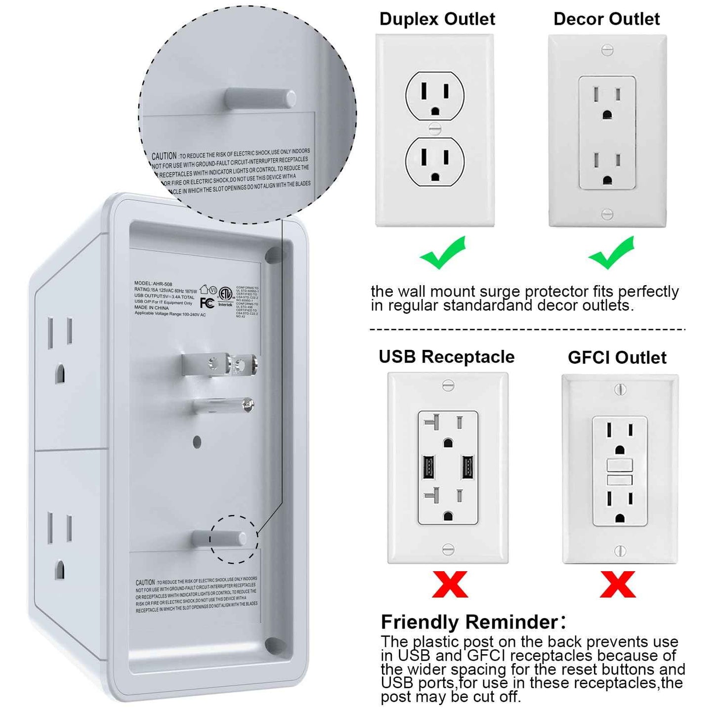 USB Wall Charger, Surge Protector, POWRUI 6-Outlet Extender with 2 USB Charging Ports (2.4A Total) and Night Light, 3-Sided Power Strip with Adapter Spaced Outlets - White，ETL Listed, Grey