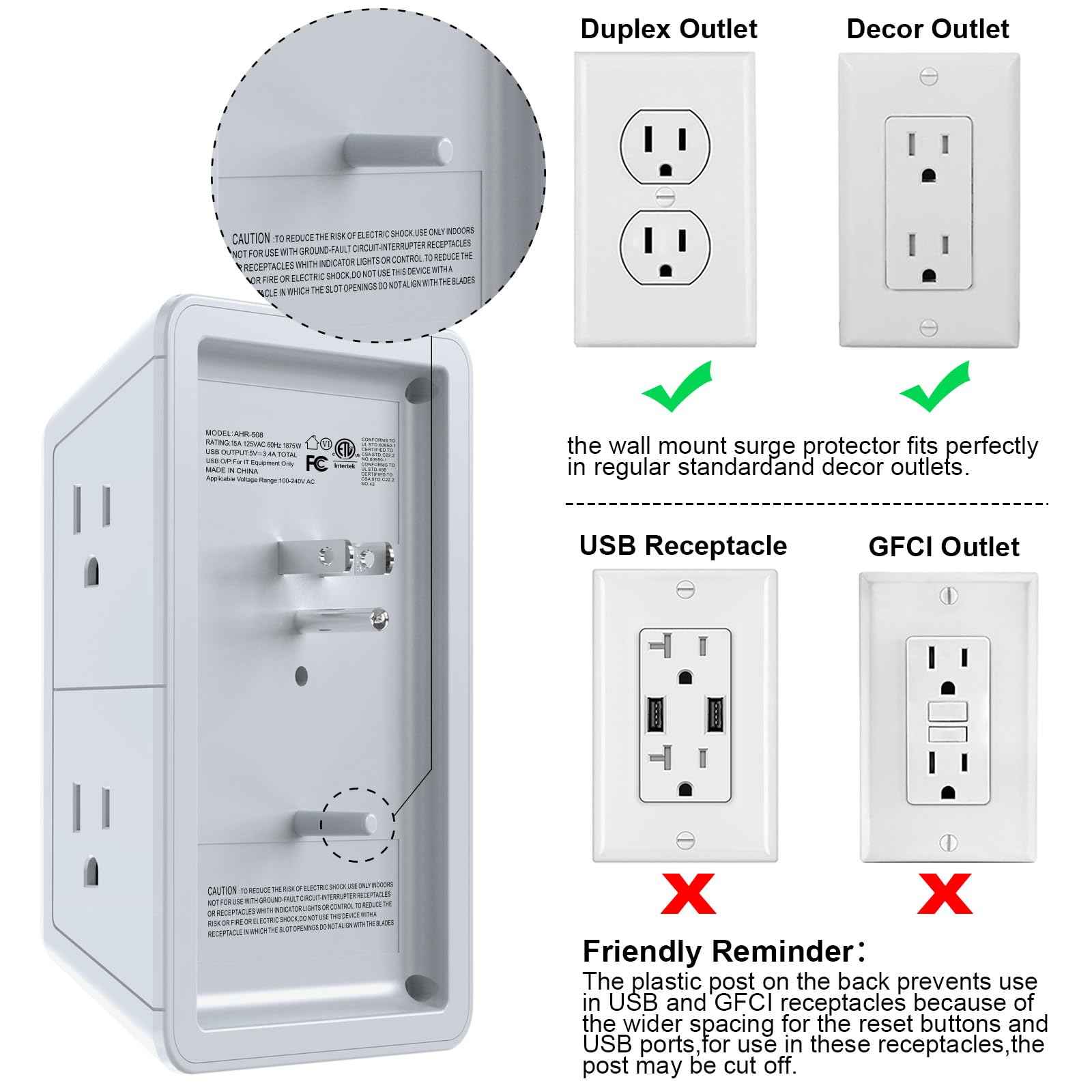 USB Wall Charger, Surge Protector, POWRUI 6-Outlet Extender with 2 USB Charging Ports (2.4A Total) and Night Light, 3-Sided Power Strip with Adapter Spaced Outlets - White，ETL Listed, Grey