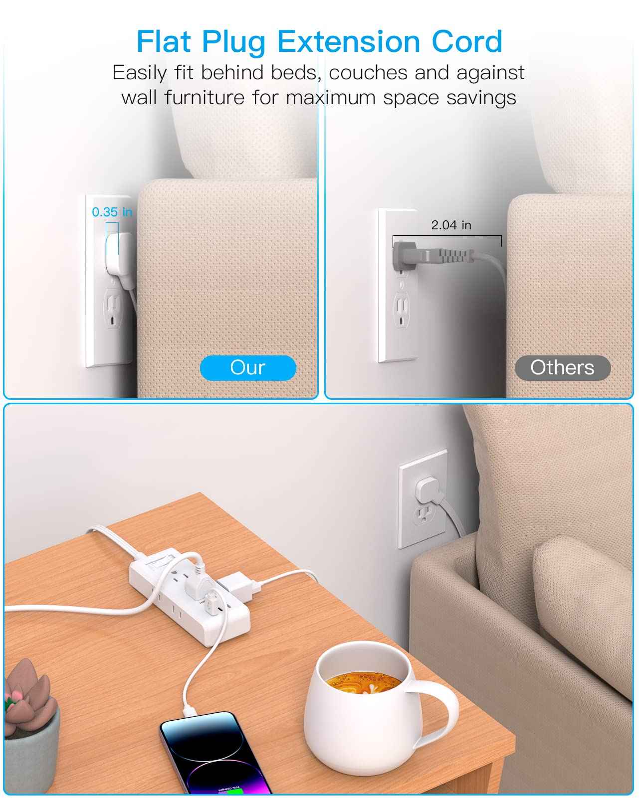 Extension Cord 10 ft, HANYCONY Flat Plug Power Strip with 6 Outlets and 3 USB Ports (2 USB C), Ultra-Thin Extension Cord, Wall Mountable, Long Cord for College Dorm Room, Office Home Essentials