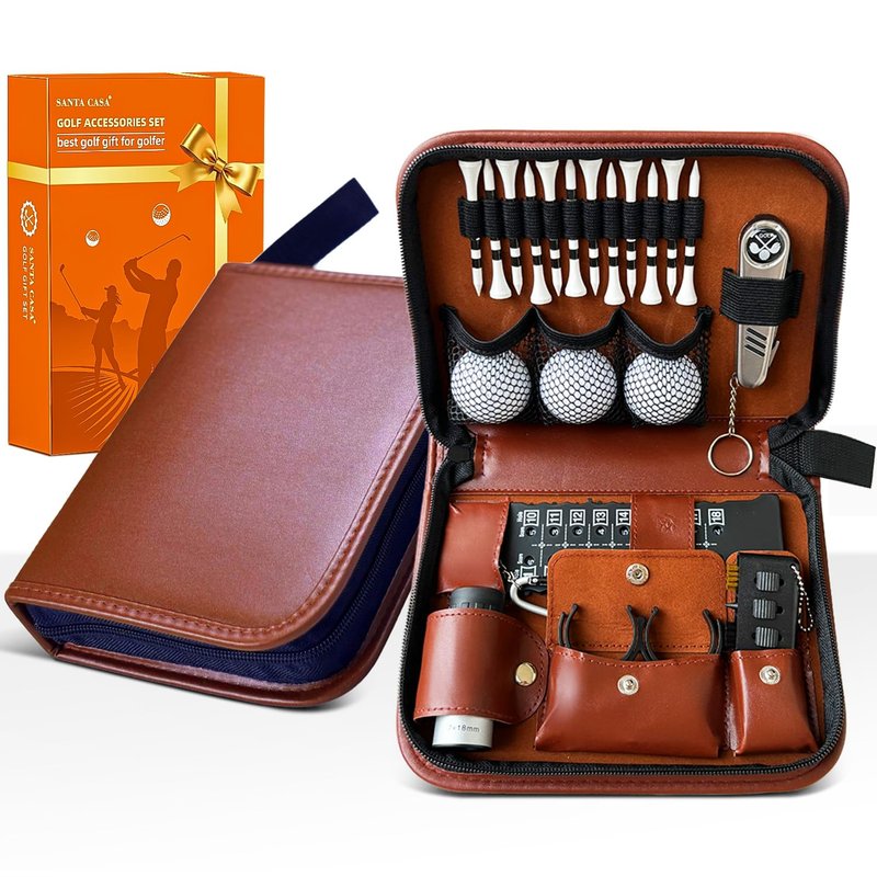 SANTA CASA Golf Gift Set - Complete Golfing Accessories for Men & Women, Dad, with 3 Golf Balls, Bag Case, Rangefinder, Tees, Brush, Divot Knife, Scorer & Ball Clamp, Essentials Golf Accessories