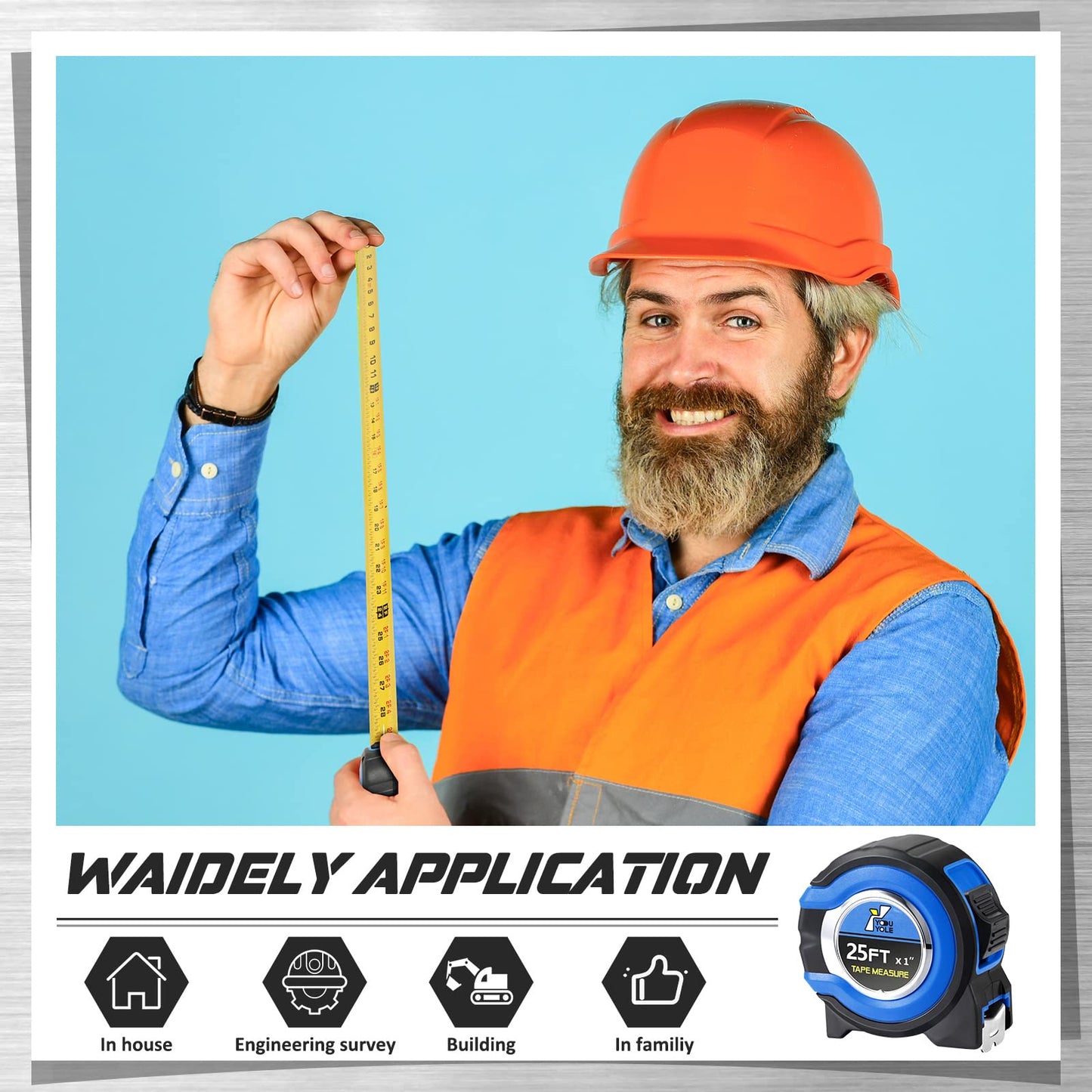 Youyole 24 Pack Tape Measure with Fractions 1/8 Steel Measuring Tape Retractable Easy Read Measurement Ruler Steel Power Blade (25 ft X 1 in,Blue)