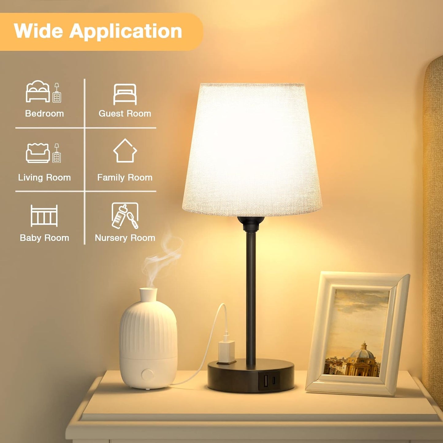 Set of 2 Mini Bedside Lamps with USB-C & AC Outlet - Dimmable Touch Nightstand Lights for Bedrooms