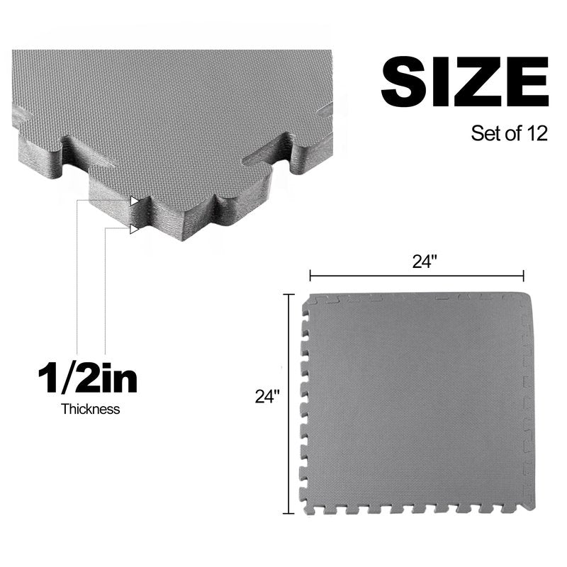 Elevon Puzzle Exercise Gym Flooring Mat, 1/2" Thick EVA Interlocking Foam Tiles Workout Mat for Home Gym, Fitness Equipment, MMA, Gymnastics, 12 Tiles Shock-Absorbing Exercise Mat, Grey (48 Sq Ft)