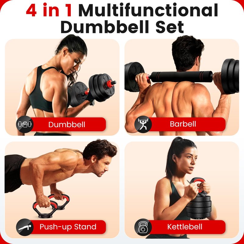 BDSHE Adjustable Dumbbell Set, 45lbs Free Weight Set with Upgraded Nut,4 in1 Dumbbells Set Used as Barbell, Kettlebells, Push up Stand, Weight Set for Home Gym Suitable Men/Women