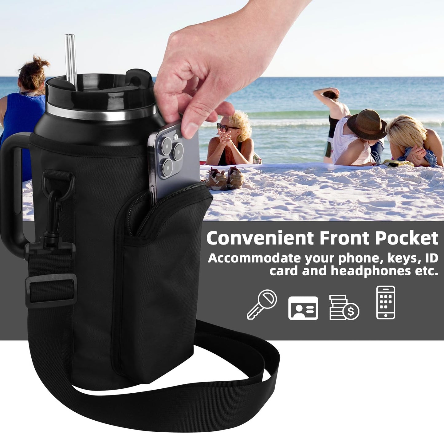 Xxerciz Water Bottle Carrier Bag for Stanley 64oz Tumbler with Handle, Water Bottle Holder with Adjustable Strap, Bottle Sling Sleeve with Phone Pouch, Stanley Cup Accessories for Walking Hiking