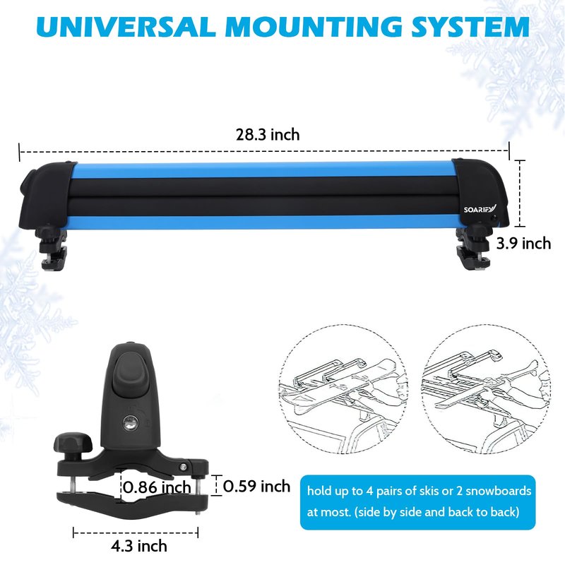 SOARIFY Multi-Purpose Alumium Blue Ski Rack with ski Strap Carrier, Roof Holder Carrier for Skis, Snowboards, Fishing Rods, Paddles, Skateboards, Wakeboard, Universal Mounting, Locking, Heavy Duty