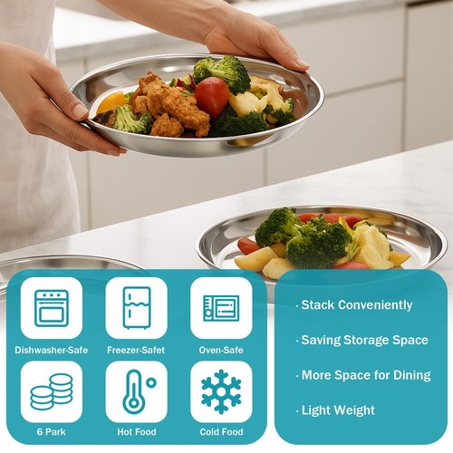 Bruislard 6 Pieces Stainless Steel Round Plates, 9 Inch Dinner Dishes, Feeding Serving Camping Plates for Home, Dishwasher Safe