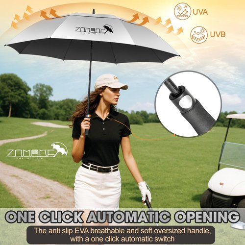 ZOMAKE Large Golf Umbrella UV Potection,62 Inch UV Blocking SPF Umbrellas for Sun Protection Windproof Heavy Duty Vented Double Canopy(Silver,Black)