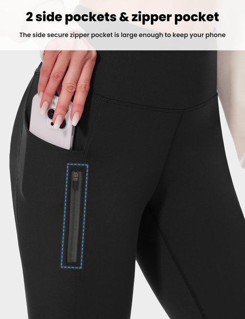 Desol Fleece Lined Hiking Pants Women, Winter Flare Leggings for Women Thermal Warm High Waist Snow Pants with Zipper Pockets for Outdoor Sports Black