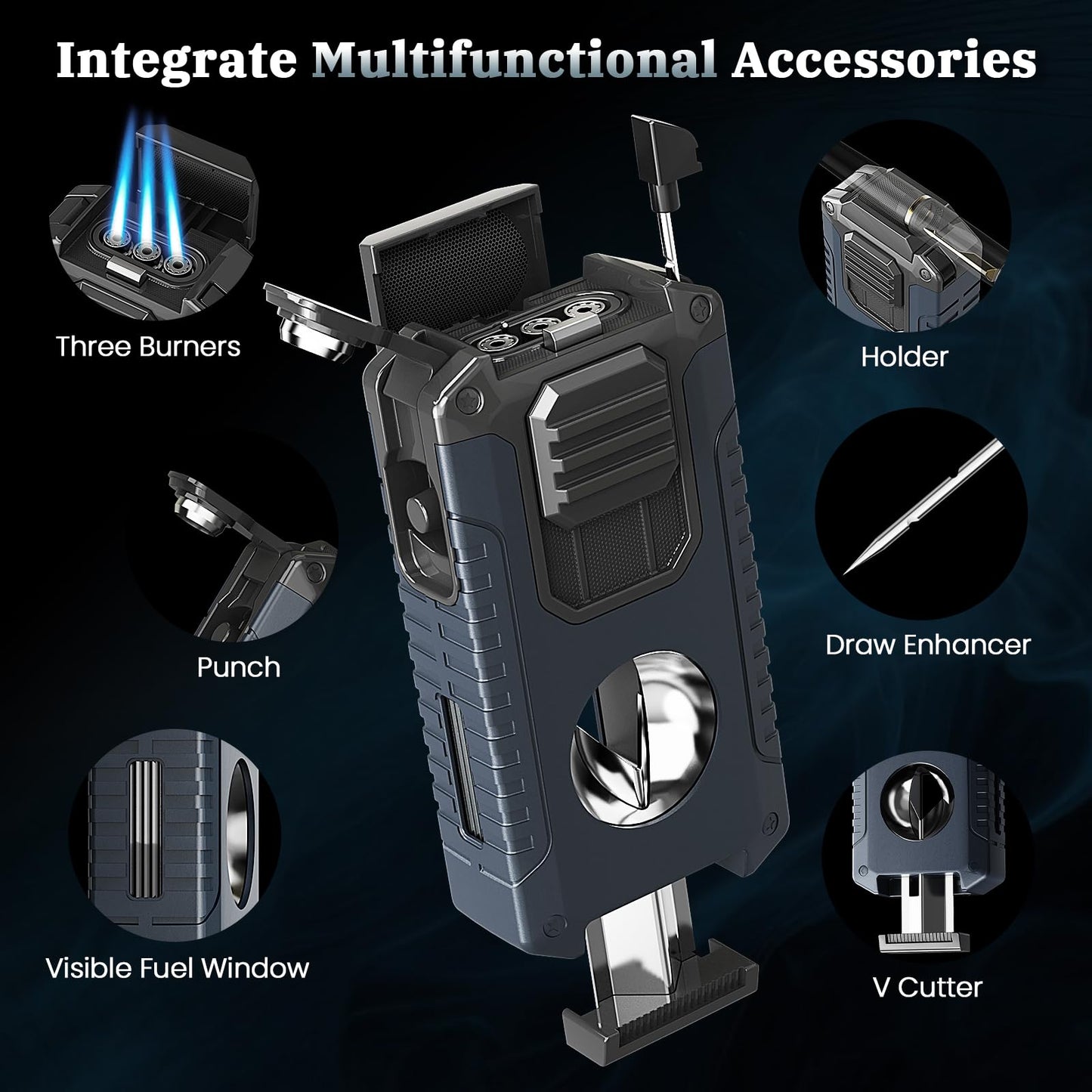 Torch Lighter Built-in Cutter, Punch, Holder, and Draw Enhancer Tool, with Gift Box for Men, Windproof Triple Jet Flame, Refillable Butane Lighter, All-in-one Lighters Accessories for Candle, Outdoor