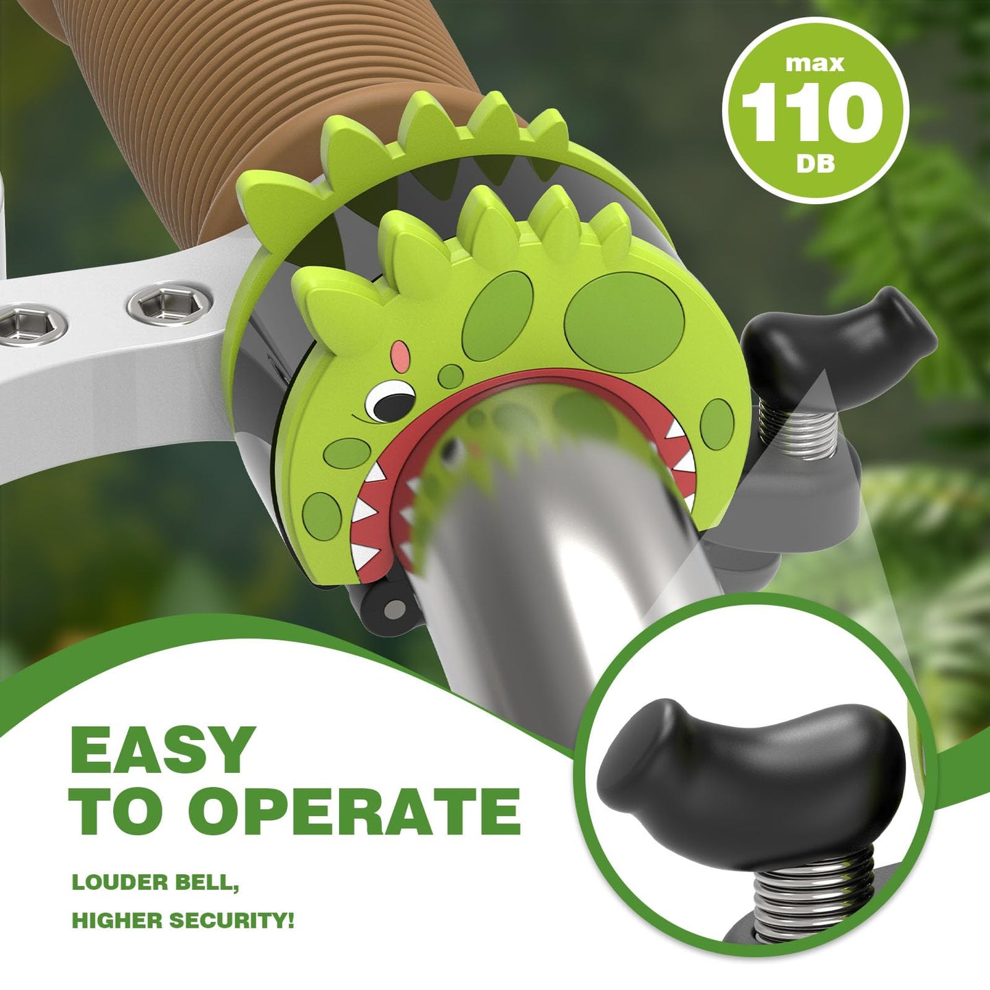 Bike Bell for Kids Dinosaur,110dB Loud, Fits 22.2-25.4mm Handlebars, Mountain/Road Bike & Scooter Safety for Boys Girls,Green-1Pack.
