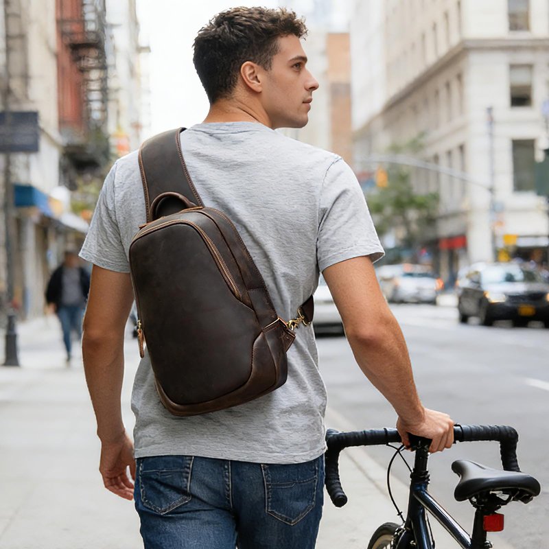 TIDING Full Grain Leather Sling Bag for Men, Vintage Crossbody Bag Outdoor Casual Chest Daypack fits 12.9" Tablet