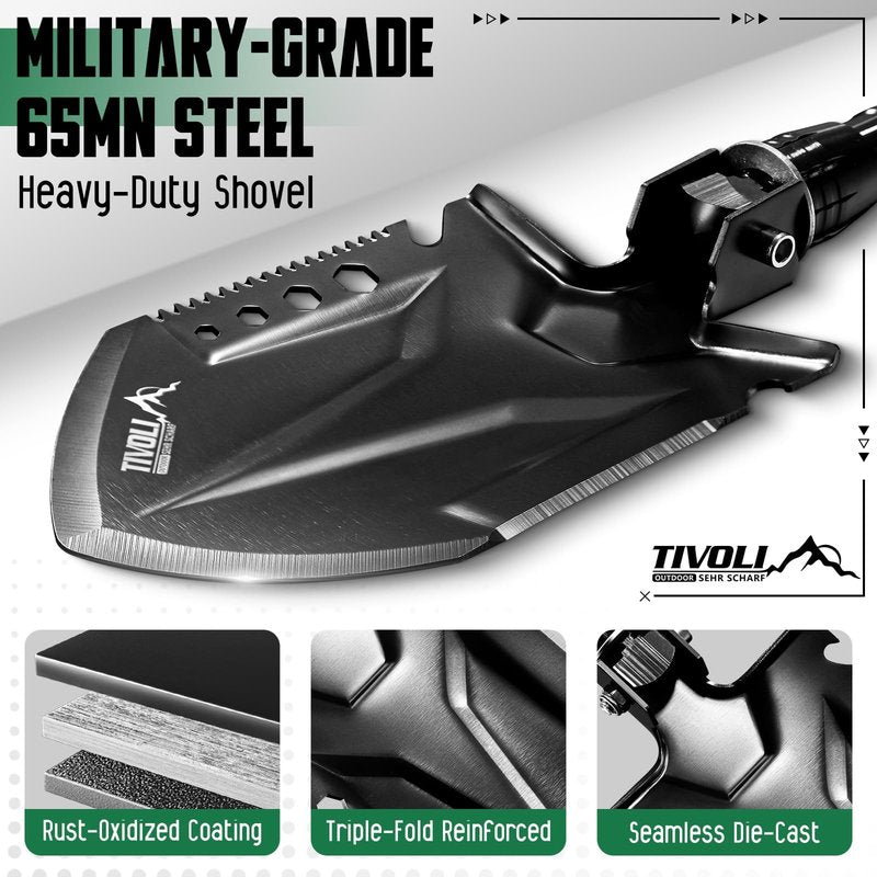 Tivoli Folding Camping Shovel Kit,Multifunctional Tactical Survival Shovel with Manganese Steel for Outdoor Off Road, Hiking, Bushcraft,Car Emergency,Entrenching Tool with Storage Case,Ideal Gift