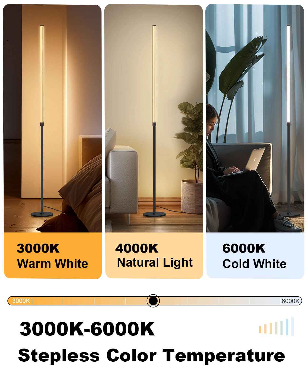 Minimalist Corner Floor Lamp - 3000K-6000K LED Linear Standing Lamp - Dimmable Modern Floor Lamp with Remote & Foot Switch for Living Room, Bedroom -12W (Black)