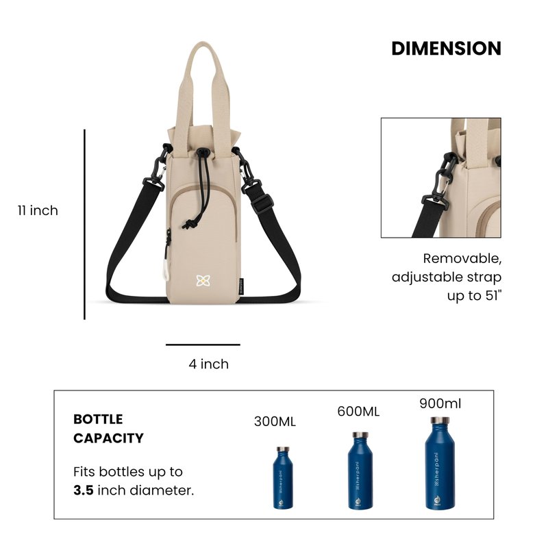 Sherpani Izzie, Water Bottle Holder with Adjustable Shoulder Strap, Hands-Free Crossbody Water Bottle Carrier Bag w/Phone Pocket, WaterBottle Tote for Women Walking, Hiking (Con Leche)