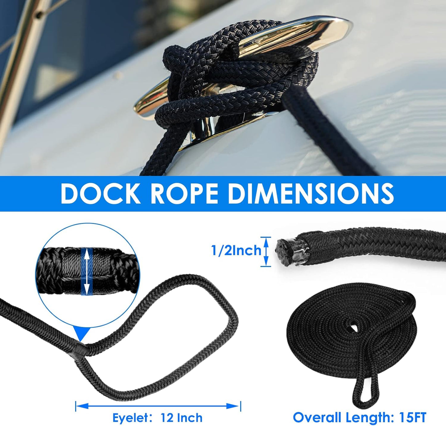 Amarine Made Dock Lines - 1/2” X 15’ Nylon Boat Ropes | 4pcs with 12” Eyelet & 968lbs Load Capacity, Black