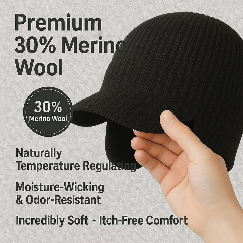 Plus Size M/L/XL/XXL Waterproof Merino Wool Beanie Hat with Brim Ear Flaps Fleece Lined Ski Cap for Cold Weather & Big Heads Black