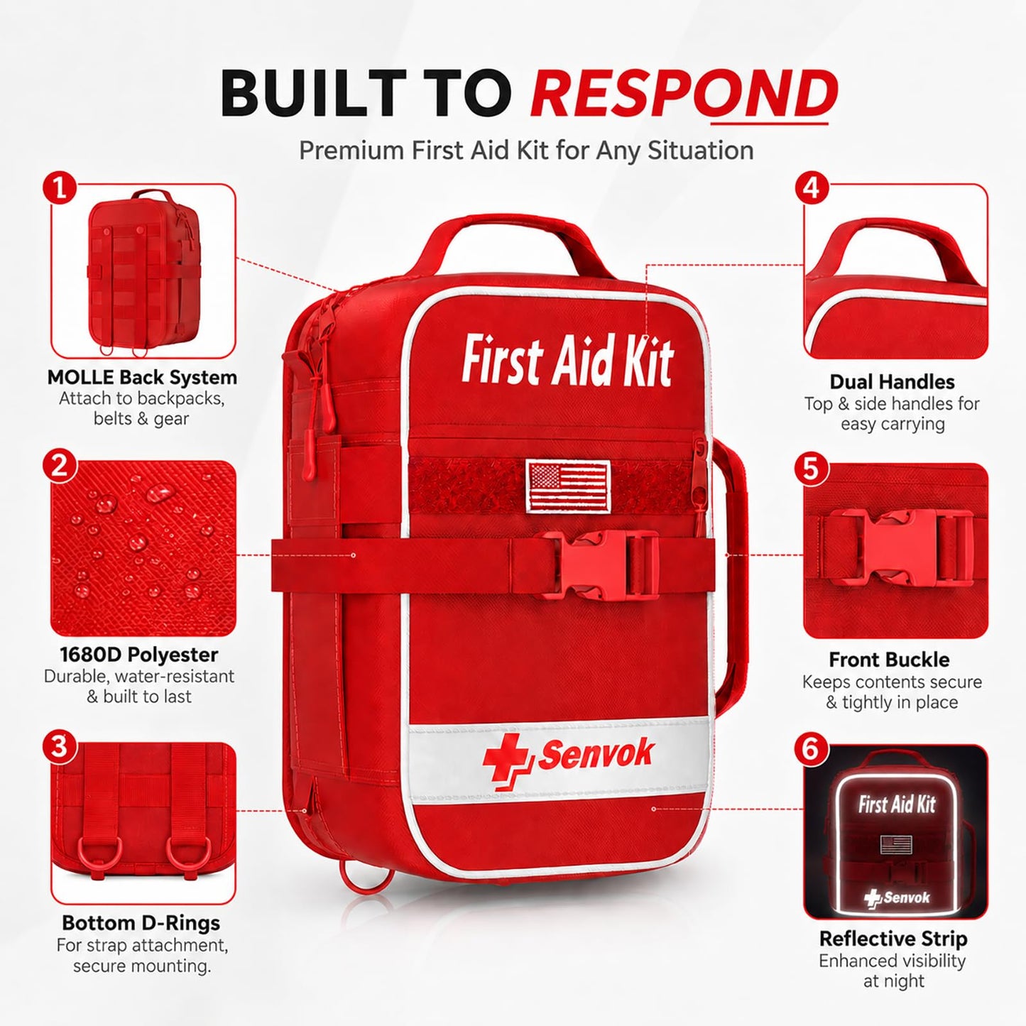 Senvok Large First Aid Kit for Car, Camping, Outdoor Adventures -with Color-Coded Labeled & Rip-Away Design for Fast Access- Molle Emergency Survival Kit with Zip Stitch Wound Closure