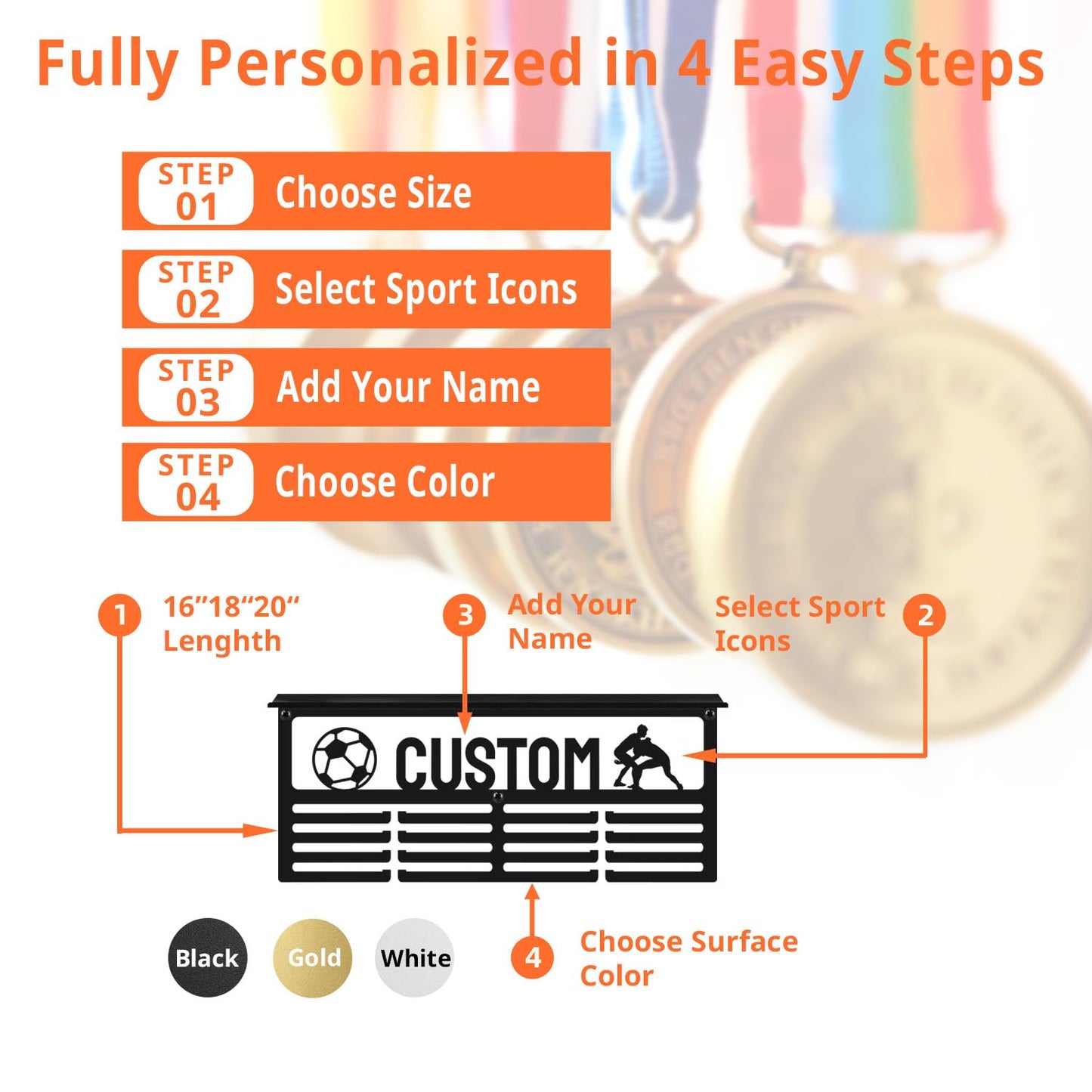 Tegik Personalized Medal Hanger Display, Custom Metal Medal Holder
