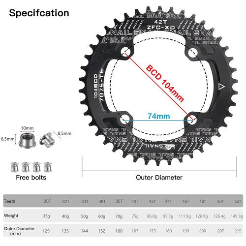 CYSKY 104 BCD Chainring 30T to 52T Narrow Wide Chainring with Sprocket Bolts for 1x Set-up Road Bike Mountain Bike BMX MTB Gravel Ebike (Black, 42T)