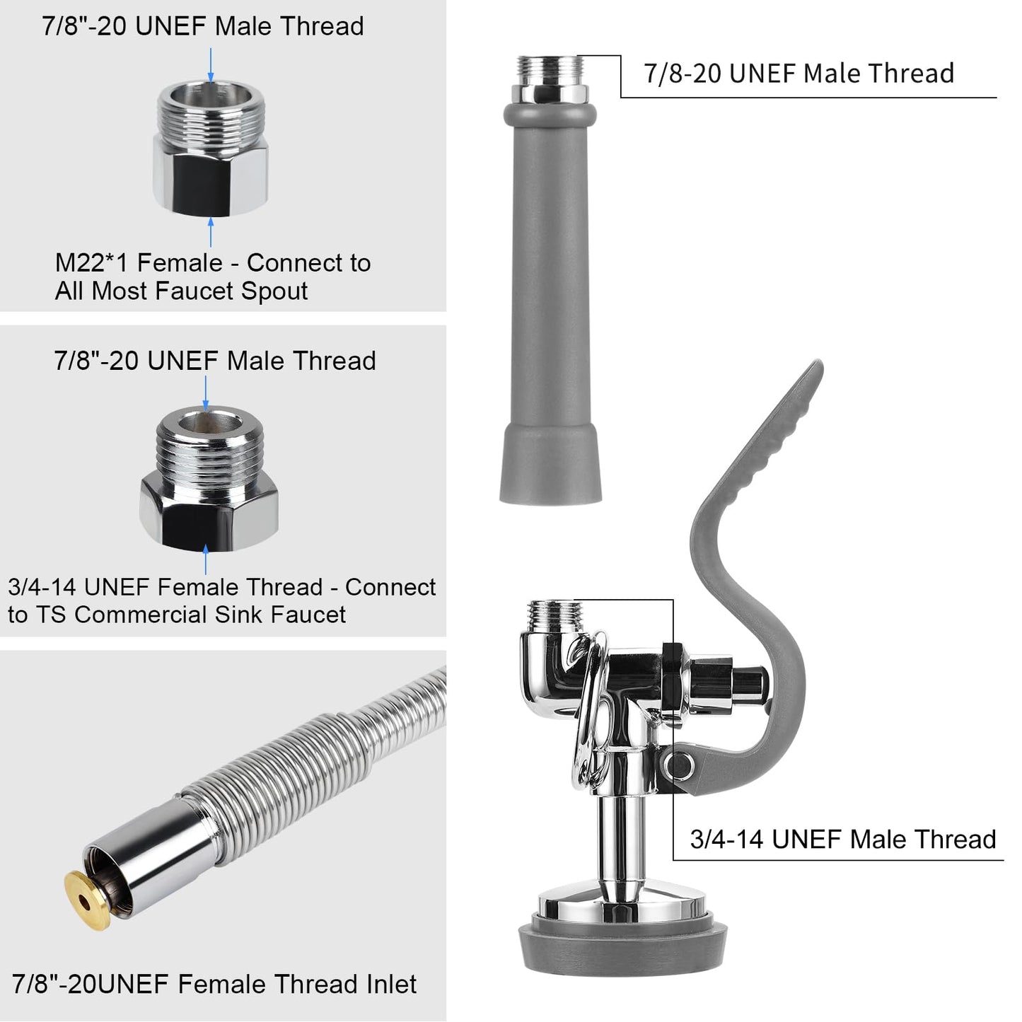 Pre Rinse Spray Valve with 60'' Stainless Hose Commercial Sink Faucet with Sprayer Nozzle Head with Flexible Hose Replacement Kit for Dishwasher Restaurant Wall Mount Kitchen Industrial- Gray