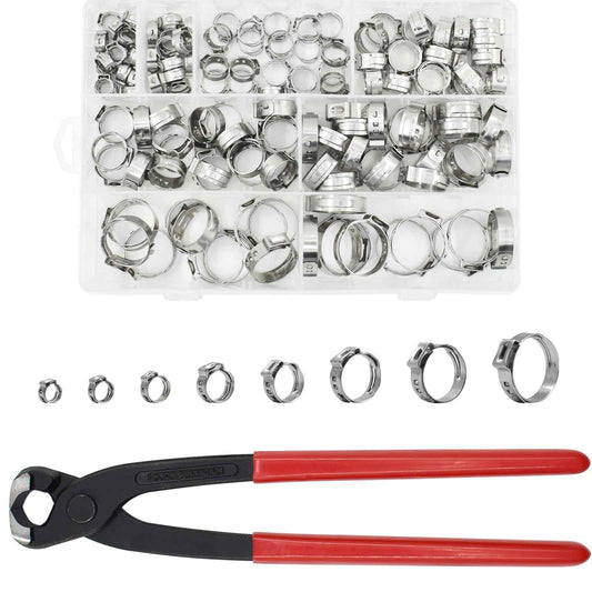 SHRJ 130pcs Pex Clamp Assortment Kit with Pliers, 304 Stainless Steel Heavy Duty PEX Cinch Crimp Rings Pinch Clamps Adjustable 1/4"- 0.92"(6-23.5mm) for PEX Tubing Pipe Fitting Connections