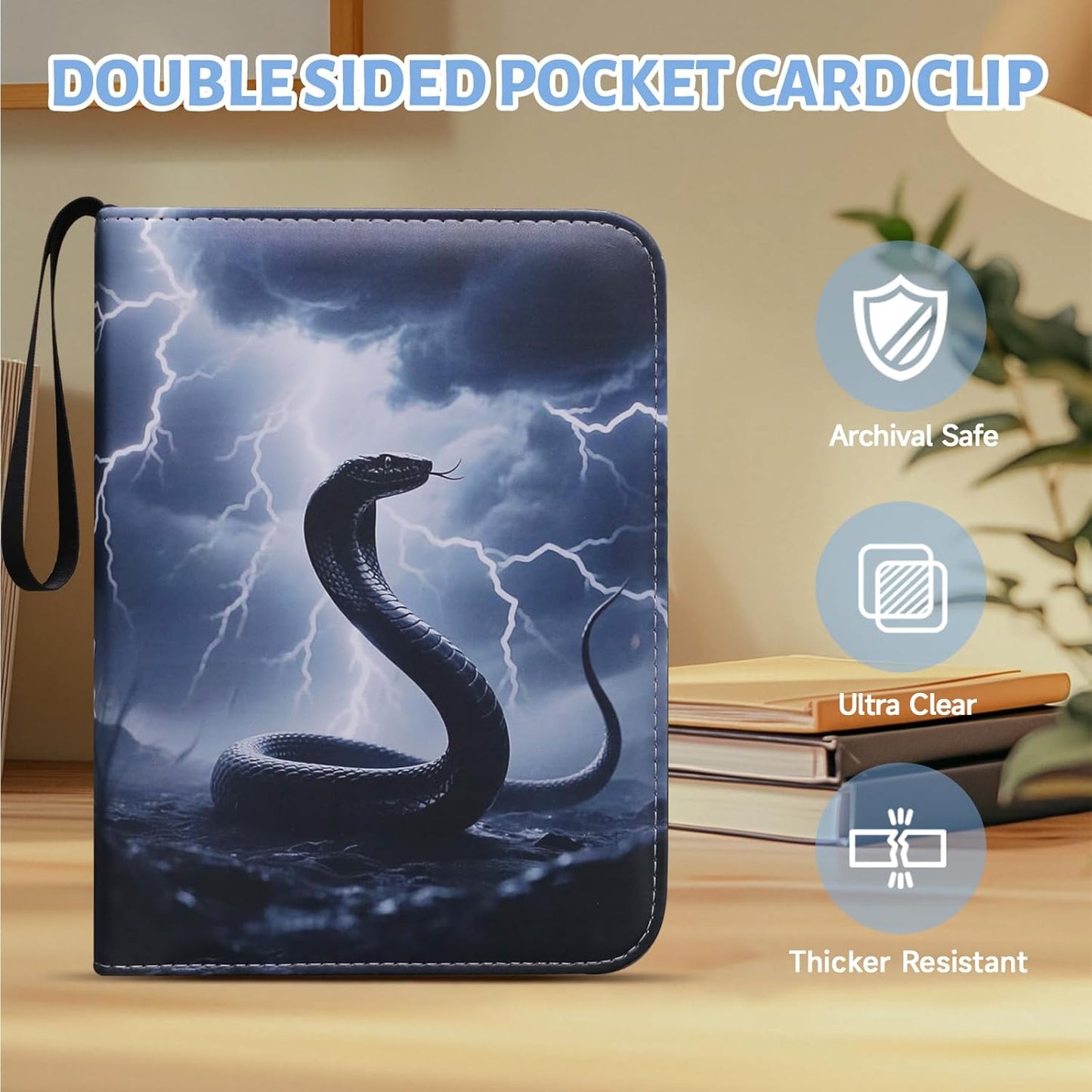 Skiennix Trading Card Binder - Premium 4-Pocket Album with 400 Waterproof Sleeves | Cool Black Serpent Design