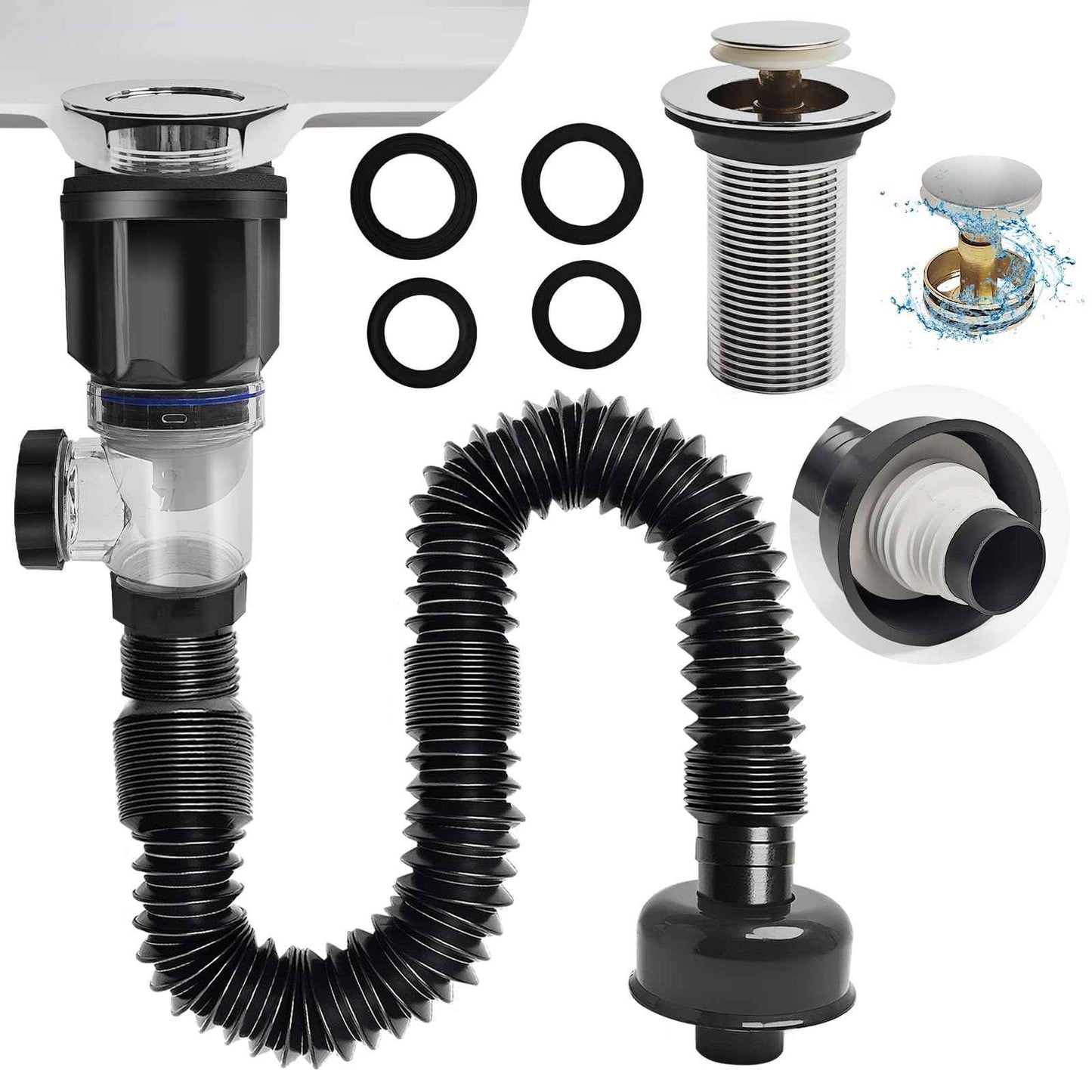 Bathroom Sink Drain kit Black,That can be Used with or Without Overflow,Bathroom Sink Drain with Strainer Basket Hair Catcher and pop-up Stopper， for 1-1/4'' & 1-1/2'' RuQiankun