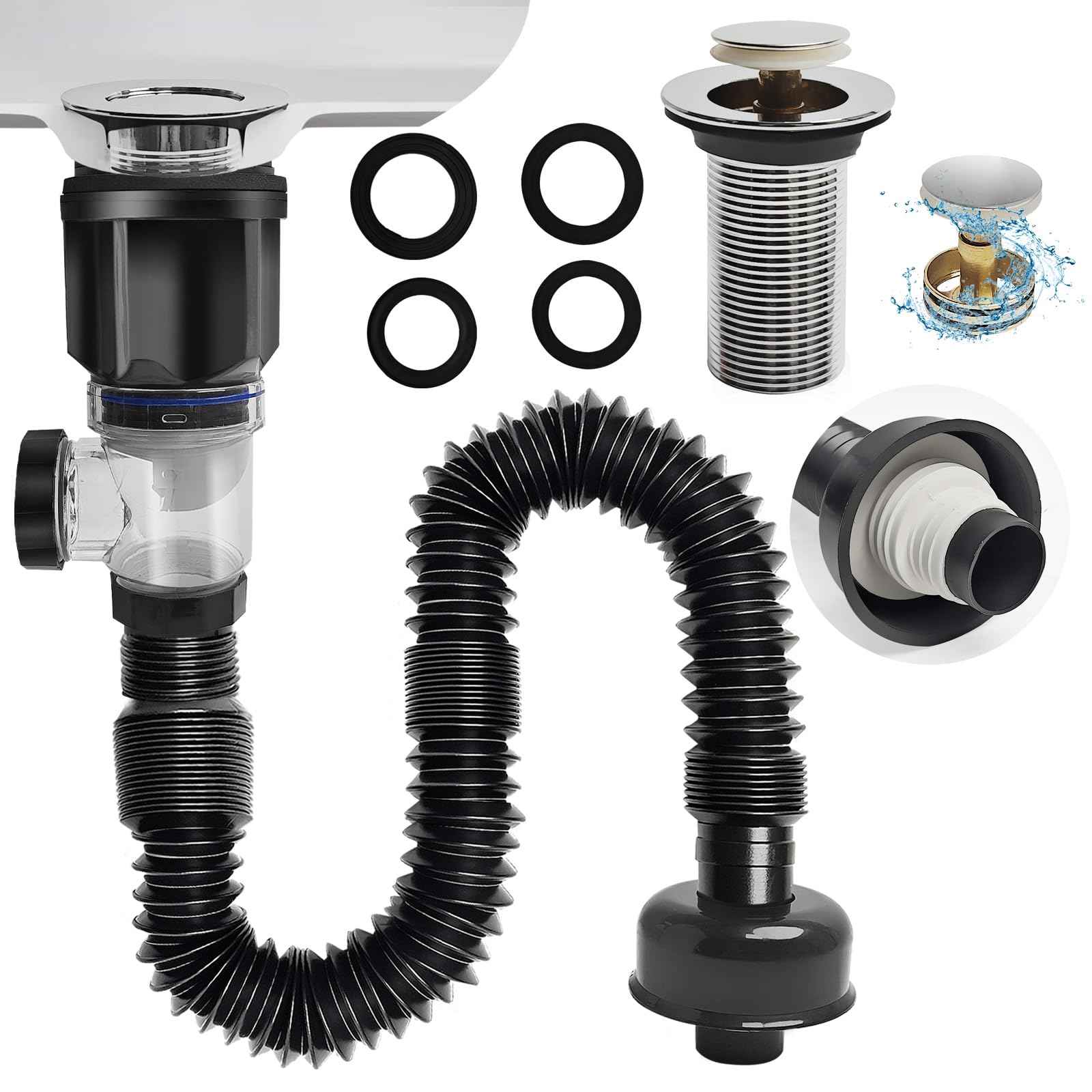 Bathroom Sink Drain kit Black,That can be Used with or Without Overflow,Bathroom Sink Drain with Strainer Basket Hair Catcher and pop-up Stopper， for 1-1/4'' & 1-1/2'' RuQiankun