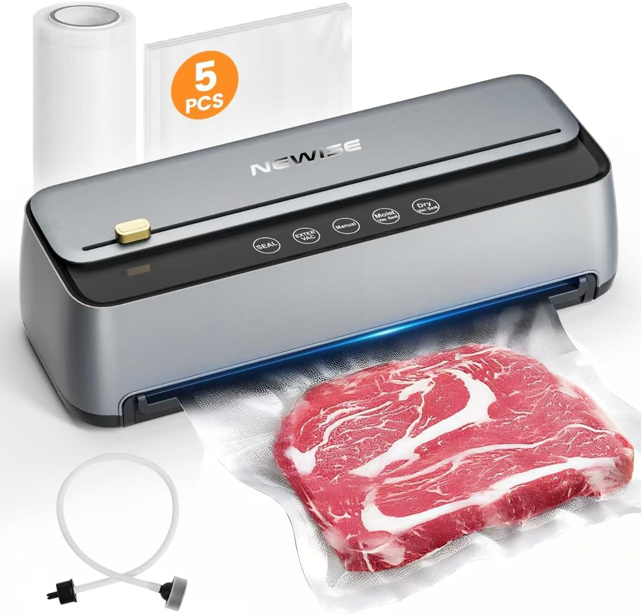 Newise Vacuum Sealer Machine - 85Kpa Powerful Food Preservation for Dry & Moist Items | Built-in Cutter & Self-Cleaning Mode
