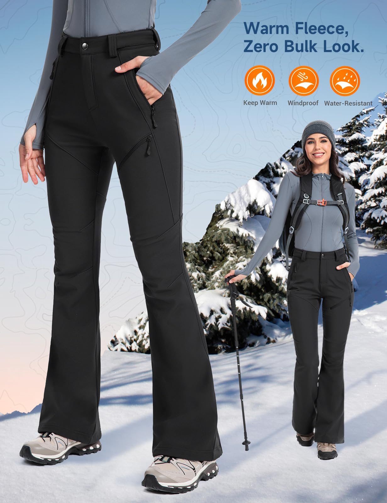 Moosehill Womens-Snow-Ski-Pants Water-Resistant Fleece Lined Warm Winter Hiking Thermal with 4 Zipper Pockets(Black, 8, 31")