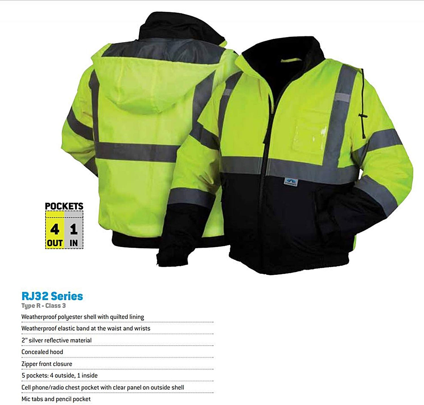 Pyramex Safety RJ3210M Safety Bomber Jacket with Quilted Lining, Hi-Vis Lime, Medium