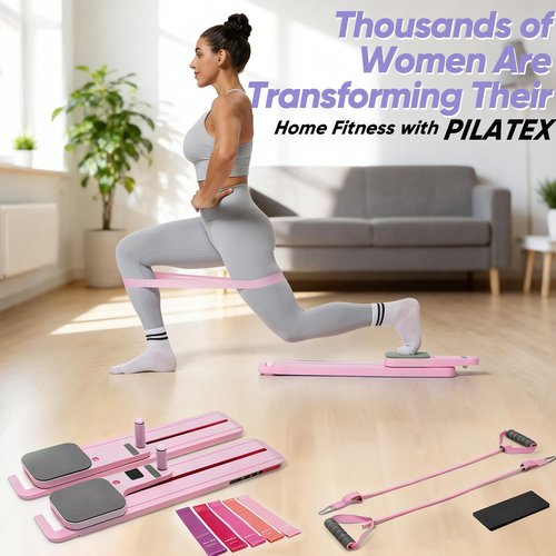 Portable Pilates Reformer Set for Women, Multi-Functional Pilates Exercise Board with Resistance Bands for Home Workouts, Core Strengthening, Toning, Abdominal Sculpting, Full-Body Fitness(Pink)