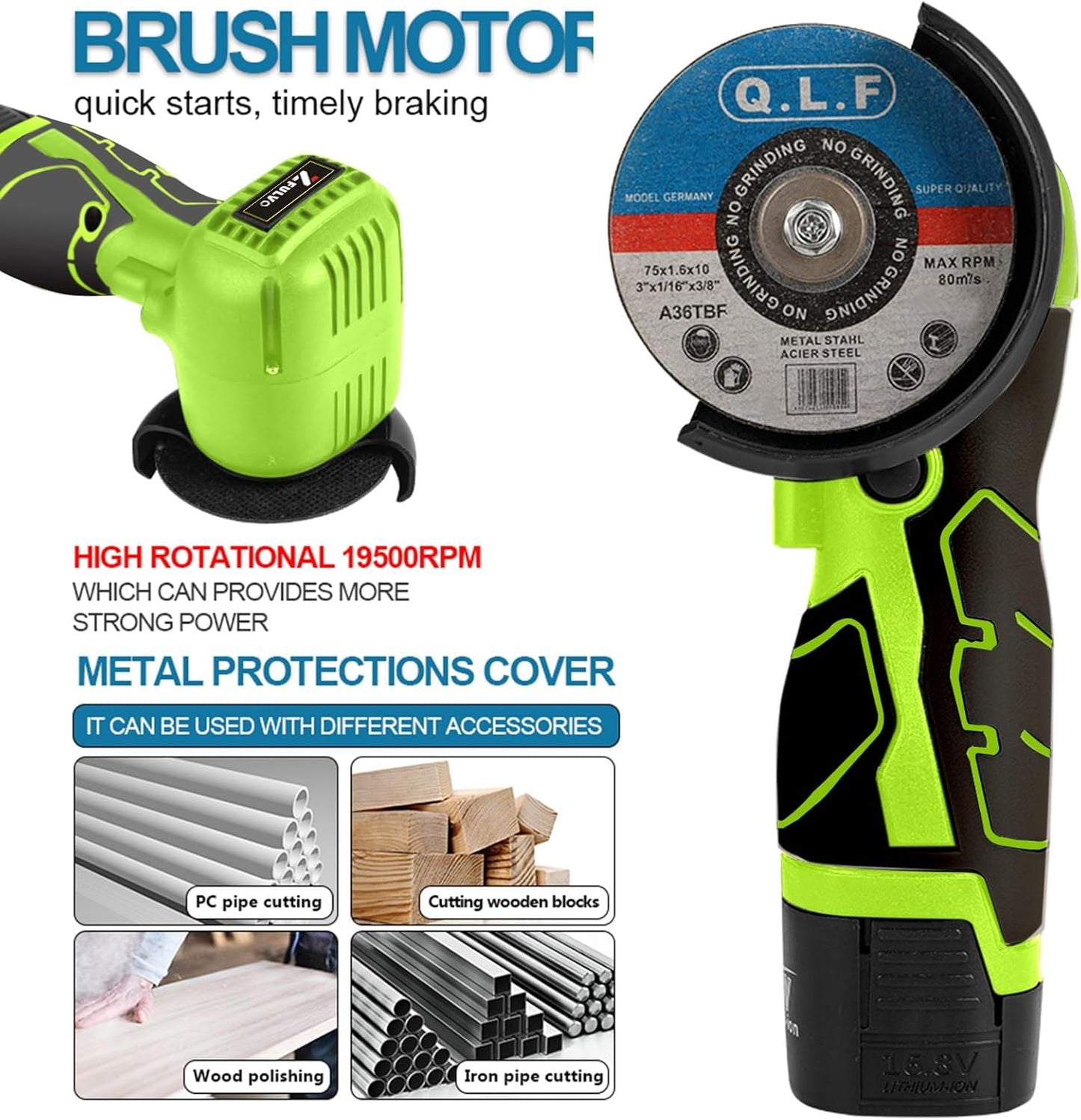Mini Cordless Angle Grinder Kit - 19500 RPM Electric Tool with 2 Batteries & 5 Cutting Discs for Metal & Wood
