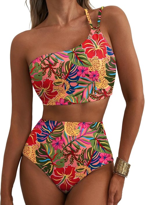 Herseas Women's High Waisted Bikini Set - One Shoulder Floral Print | Tummy Control 2 Piece Swimsuit