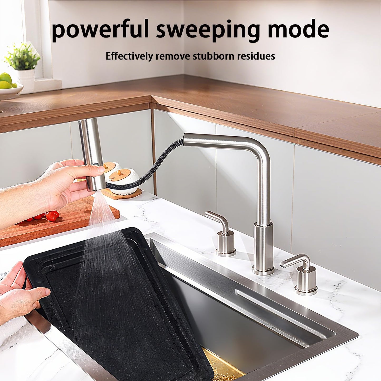 Kitchen Sink Faucet for 3 Hole with Pull Down Sprayer - 8 inch Two Handle Widespread Kitchen faucets Set with Pull Out Sprayer for Sink- Stainless Steel Brushed Nickel 3 Piece Faucet for Kitchen Sink