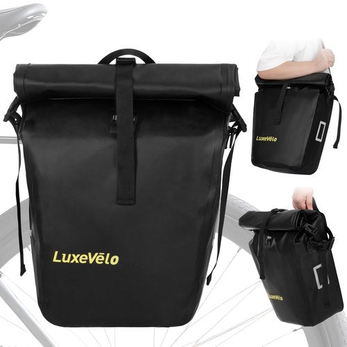 Luxevelo Panniers Bike Bags Lightweight– 27l Expandable Weather-Resistant Storage, 550d Durable Pvc With Reflective Safety Strips, Multi-Functional Rack/Shoulder Bag For Commuting/Travel/Cycling