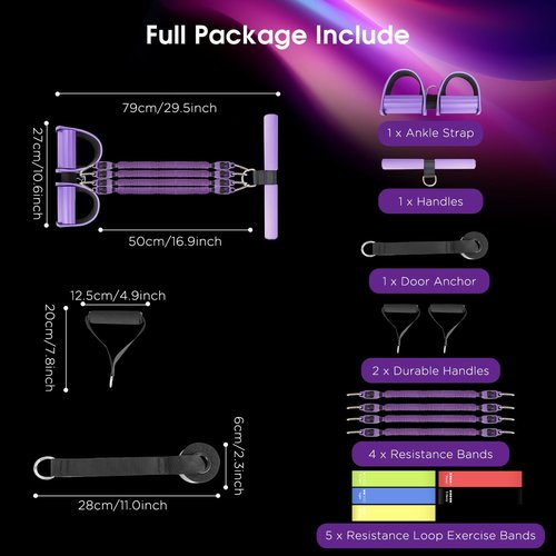 FEFURS Upgrade Pedal Resistance Band Purple,4-Tube Elastic Sit Up Pull Rope for Men and Women,Pedal Puller for Strength Training,Foot Resistance Rope for Physical Therapy with 5Pcs Exercise Bands