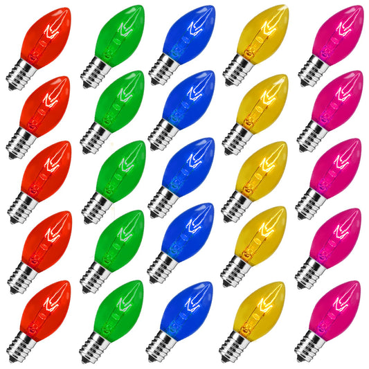 25 Pack C7 Christmas Replacement Light Bulbs, C7 Clear Multi-Color Christmas Lights for Christmas Outdoor Patio Indoor String Lights, C7/E12 Candelabra Base, 5 Watt