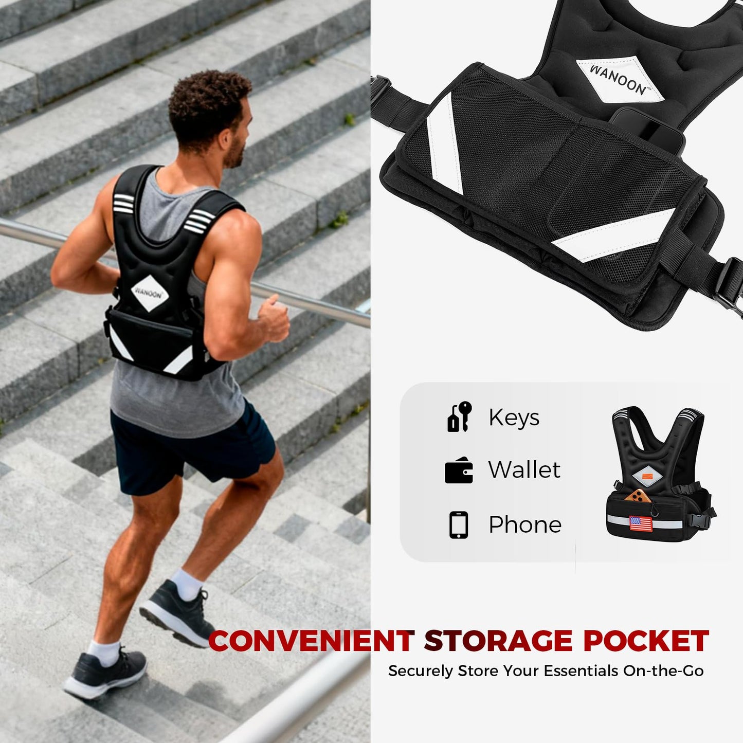 Adjustable Weighted Vest for Men & Women, 6-10lb/8-20lb/8-30lb, with Storage Pockets & Reflective Strips for Walking, Running, Rucking & Strength Training (Black, 8-20LB)