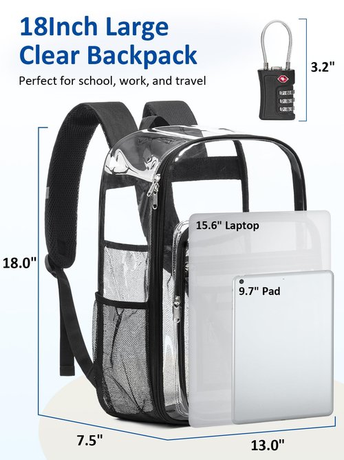 Flowston Extra Large Clear Backpack with TSA Lock, Heavy Duty Transparent See Through Clear Bookbag for College, Work, Travel, Casual Sport, Black