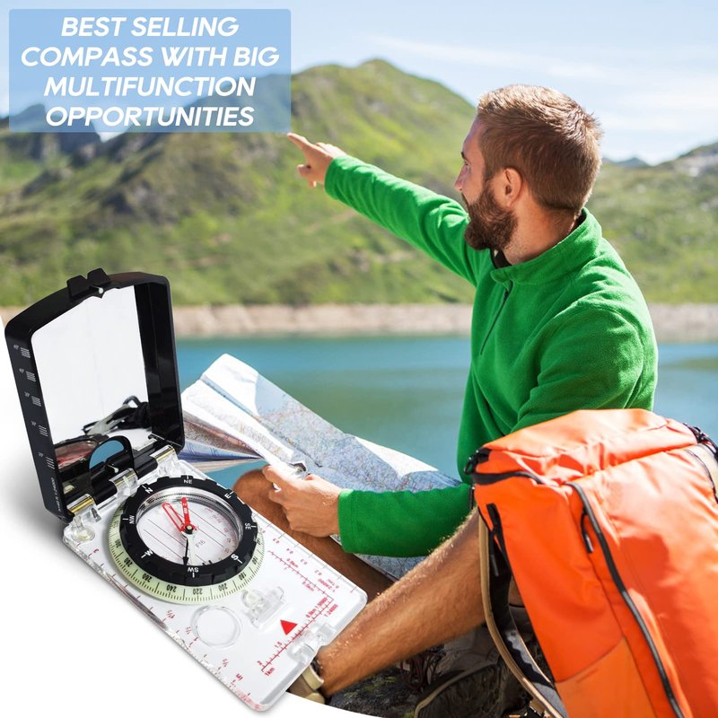 Posinly Multifunctional Orienteering Compass for Hiking, Mirror Sighting Compass with Adjustable Declination, Clinometer and Magnifier, Map Reading for Camping, Scouting