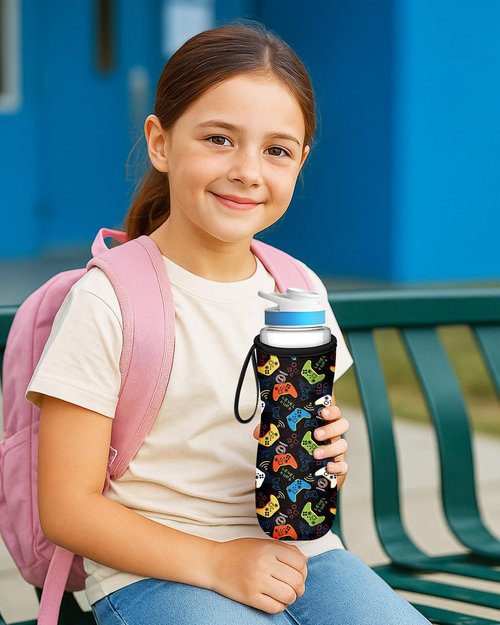 Toykee Water Bottle Sleeve for Cirkul 22 oz - Black Colorful Game Controller Funny Bottles Cover Holder Carrier Bag with Handle Strap