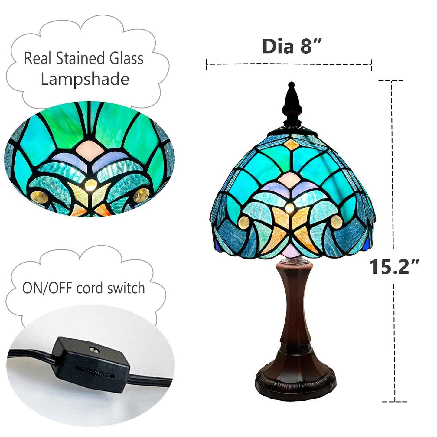 COTOSS Tiffany Table Lamp Sea Green Stained Glass Accent Table Light Antique Style Desk Lamp Vintage Bedside Lamp for Living Room Bedroom