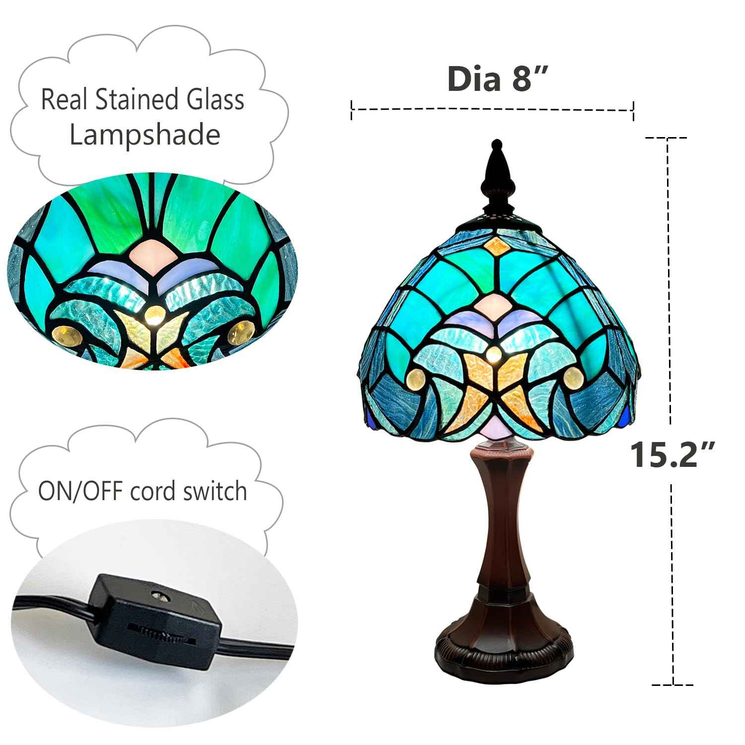 COTOSS Tiffany Table Lamp Sea Green Stained Glass Accent Table Light Antique Style Desk Lamp Vintage Bedside Lamp for Living Room Bedroom