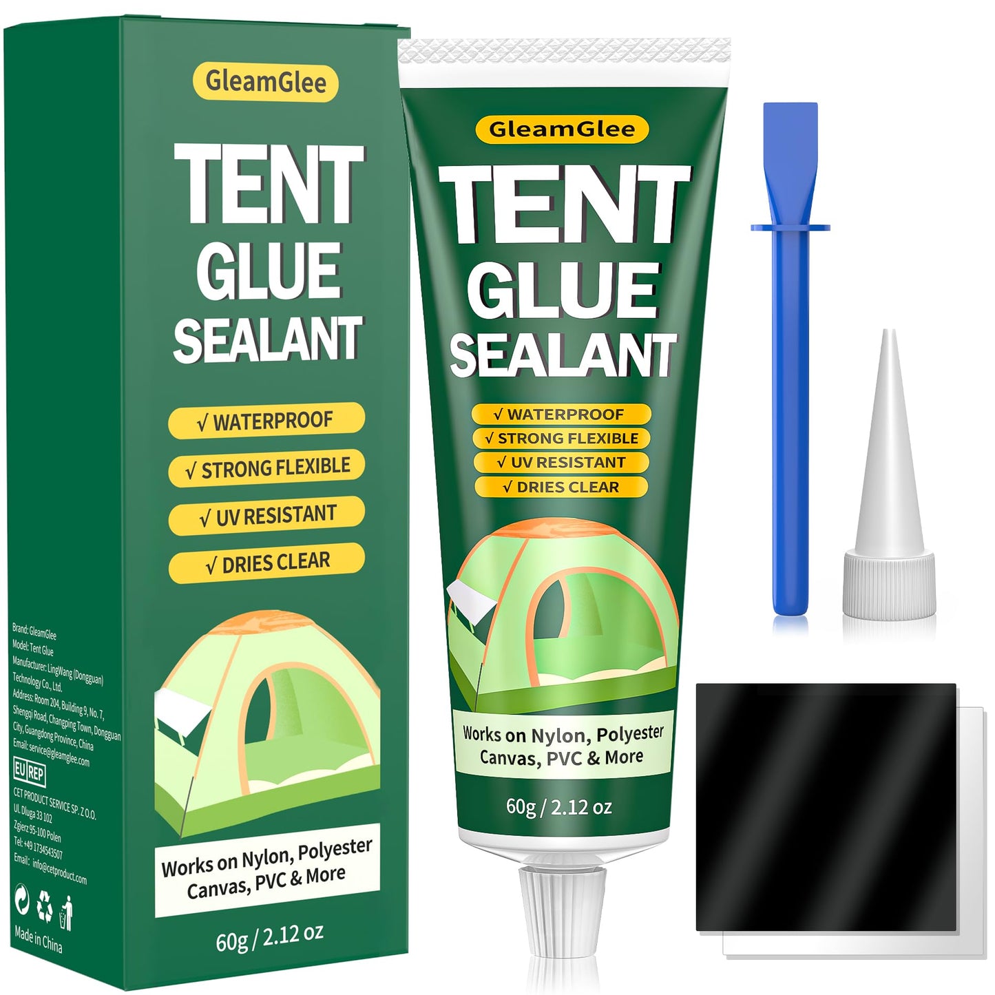 Tent Repair Glue Seam Sealer, Waterproof & Flexible Sealant Adhesive for Tent, Sleeping Pads, Awning & Groundsheet Repair and Outdoor Fabric, Works on Nylon, Canvas and Vinyl - 60ml / 2.12oz