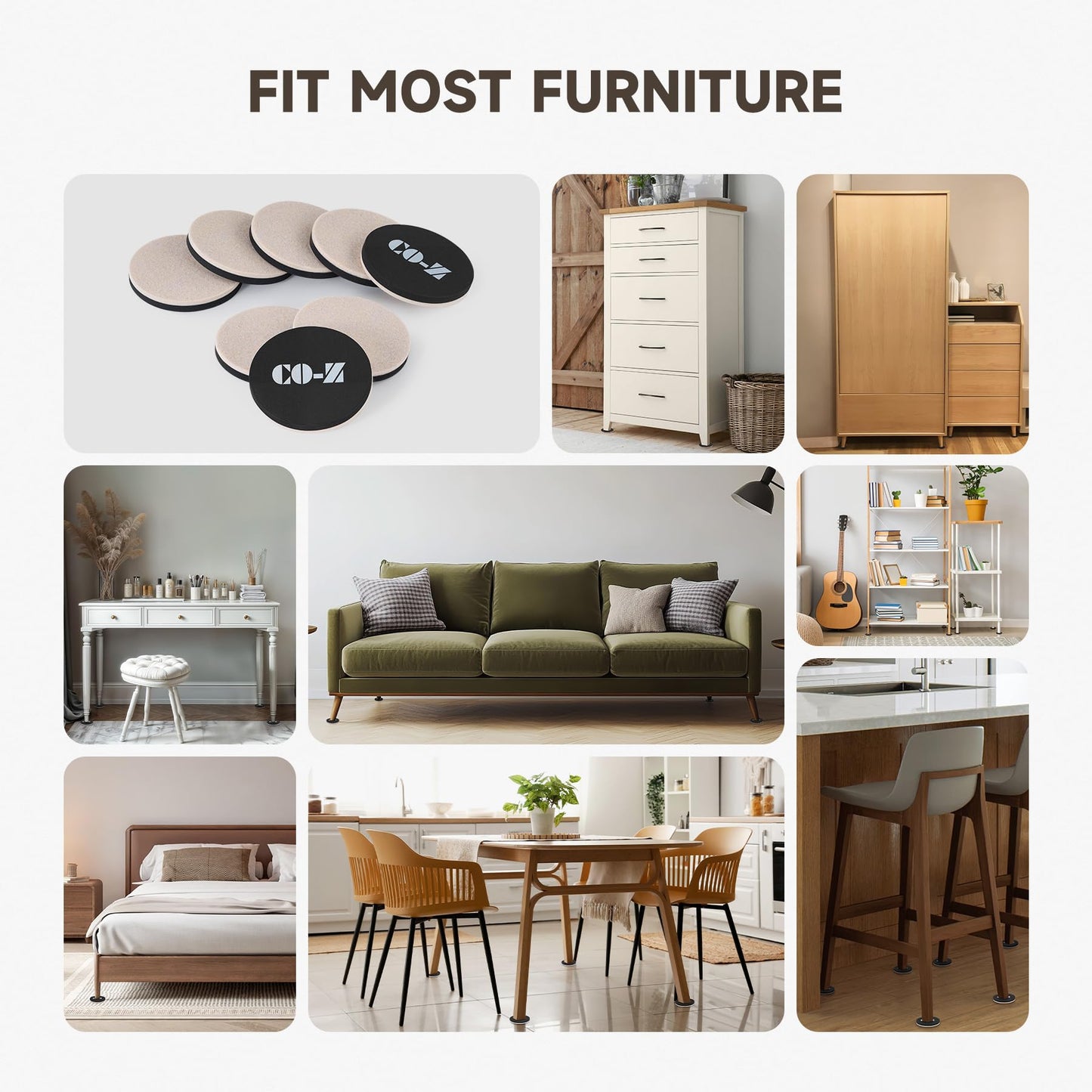 CO-Z 8pcs Felt Furniture Sliders for Hardwood Floors, 3 1/2 in Reusable Furniture Pads, Heavy Furniture Movers Sliders for Hard Surfaces, Thick Moving Pads Floor Protectors for Vinyl Tile Floors