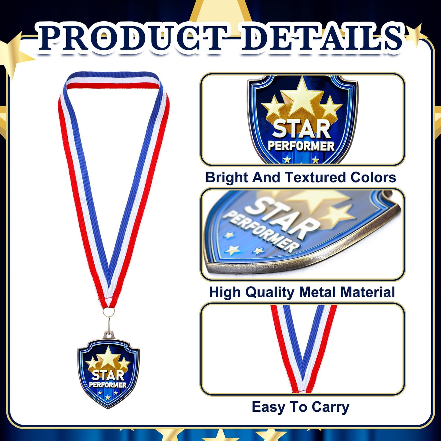 Yaomiao 10/20 Pcs 2.4'' Award Medals Bulk Gold Winner Team Participation Medals for Kids Shield Metal Trophy for Student Adults Award Prize Graduation Competitions Gift(20 Pcs,Star Performer)