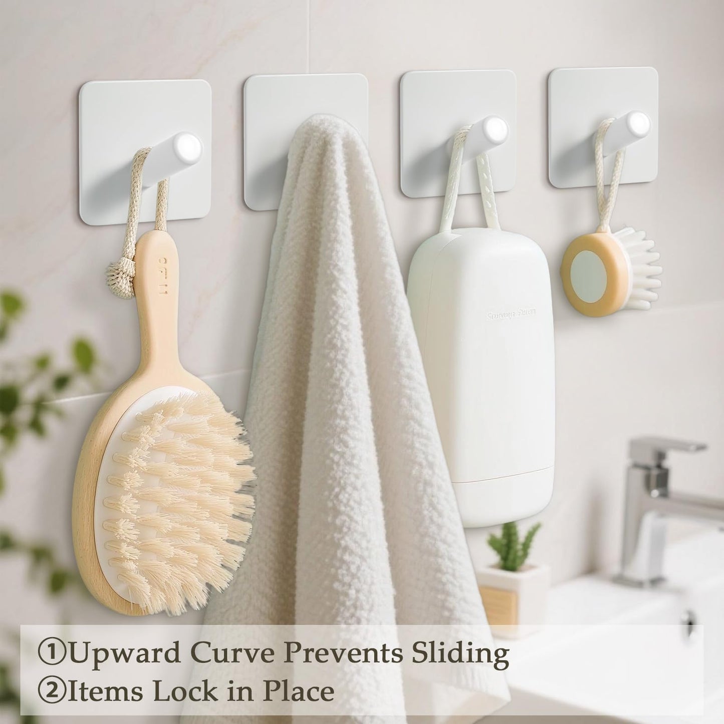 Fotosnow Locking Curve White Stainless Steel Hooks: Heavy Duty Anti-Slip Wall Hooks for Bathroom, Kitchen, Entryway -Holds 15lbs, No Damage Installation 4 Pack